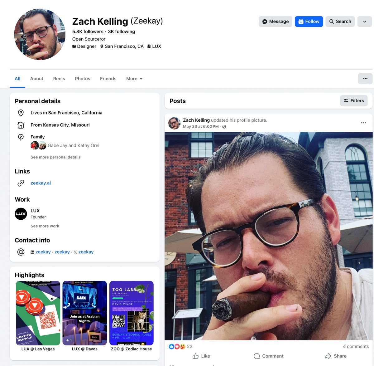 Facebook profile screenshot reportedly associated with Zach Kelling